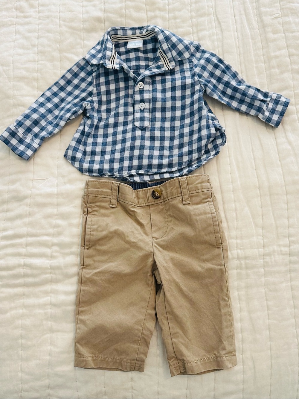 Edgehill Collection Blue & White Gingham Button Shirt with Khaki Pants